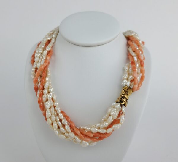 14k Yellow Gold Biwa Seed Pearl Natural Pink Coral 9 Strand Bead Necklace - Image 3
