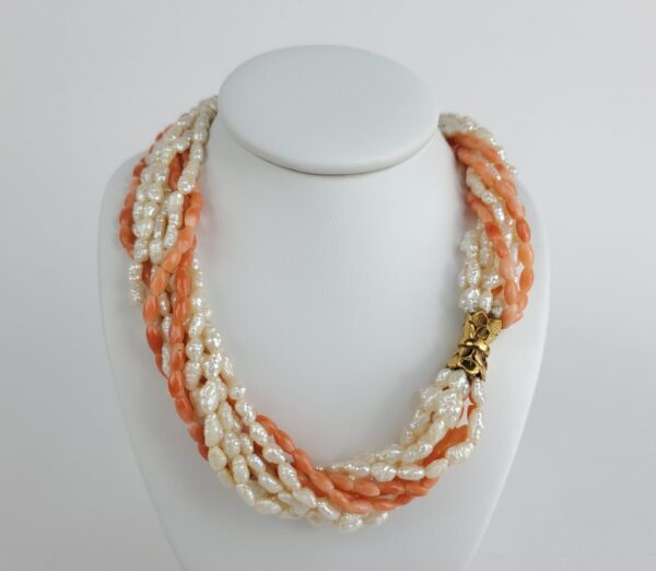 14k Yellow Gold Biwa Seed Pearl Natural Pink Coral 9 Strand Bead Necklace - Image 4