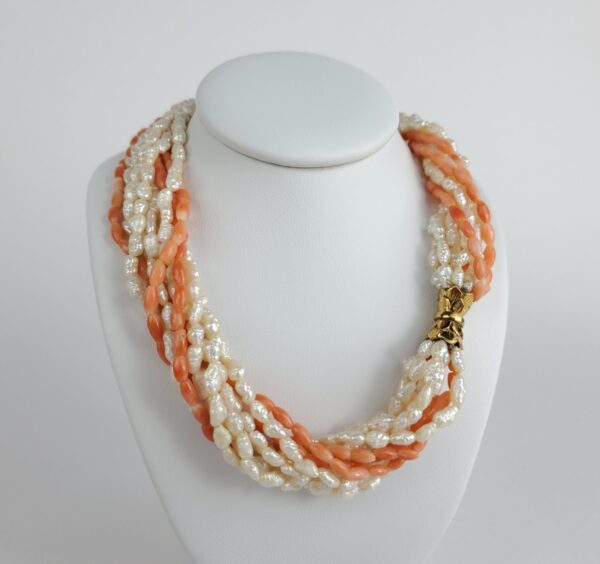 14k Yellow Gold Biwa Seed Pearl Natural Pink Coral 9 Strand Bead Necklace - Image 5
