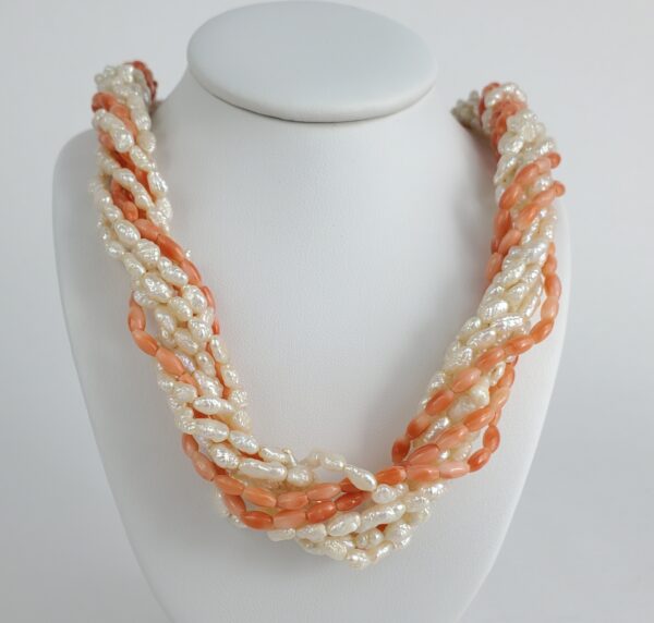 14k Yellow Gold Biwa Seed Pearl Natural Pink Coral 9 Strand Bead Necklace - Image 6