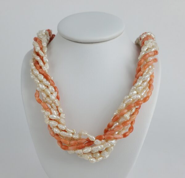 14k Yellow Gold Biwa Seed Pearl Natural Pink Coral 9 Strand Bead Necklace - Image 7