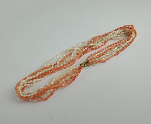 14k Yellow Gold Biwa Seed Pearl Natural Pink Coral 9 Strand Bead Necklace - Image 8