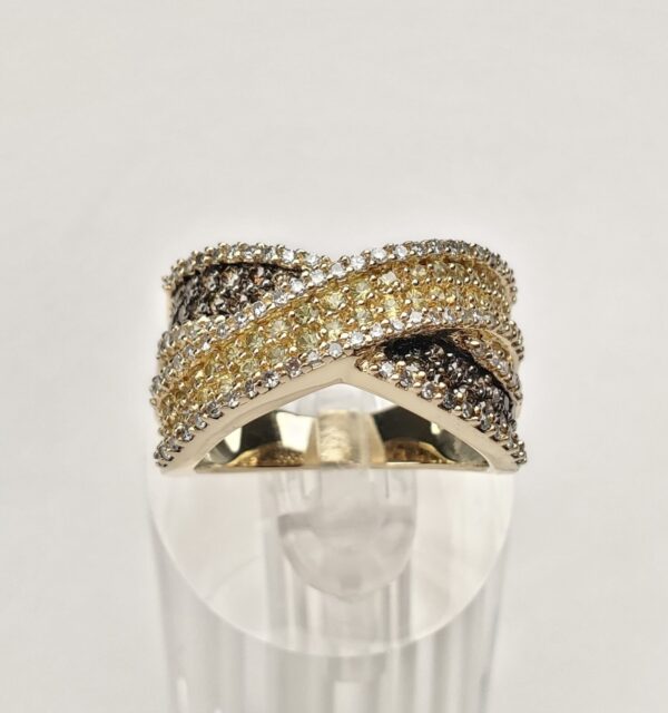 14k Yellow Gold Champagne Diamond Yellow Sapphire X Crossover Pave Band Ring - Image 3