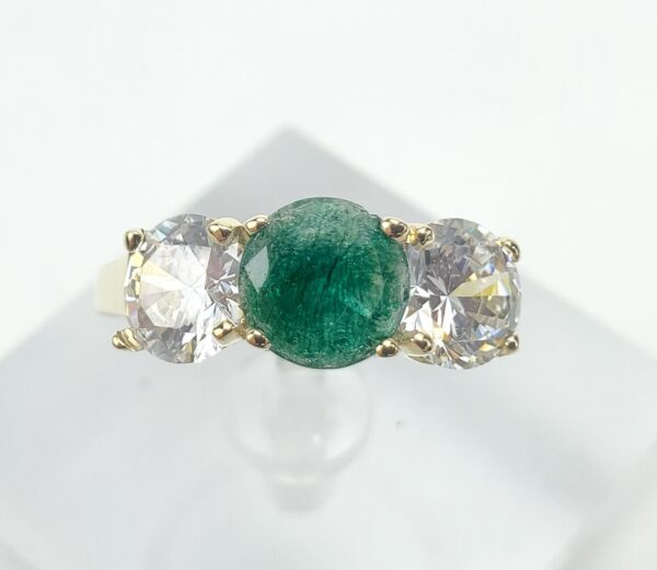14k Yellow Gold Diamond Simulant Green Quenched Quartz Three Stone Ring 6.5'' - Image 3