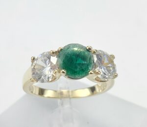 14k Yellow Gold Diamond Simulant Green Quenched Quartz Three Stone Ring 6.5''