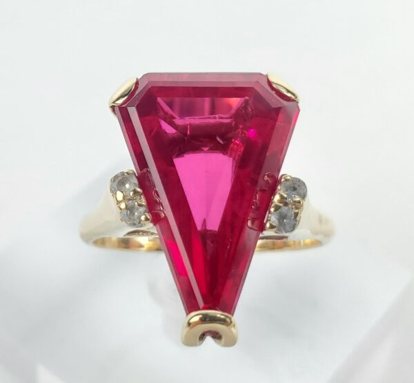 14k Yellow Gold Kite Triangle Shape Lab Grown Unique Ruby Cocktail Ring 9'' - Image 3