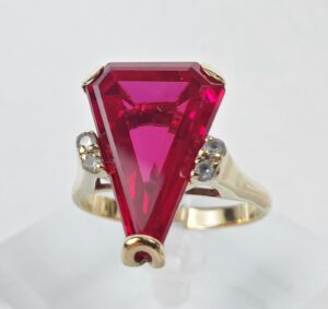 14k Yellow Gold Kite Triangle Shape Lab Grown Unique Ruby Cocktail Ring 9''
