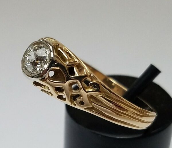 14k Yellow Gold Old Miner / European Diamond Filigree Men's Ladies Unisex Ring - Image 3