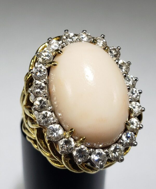 18k Two Tone Yellow & White Gold Large Angel Skin Coral Diamond Cocktail Ring - Image 3