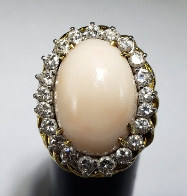 18k Two Tone Yellow & White Gold Large Angel Skin Coral Diamond Cocktail Ring - Image 4
