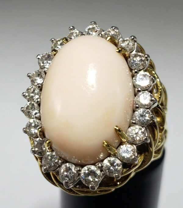 18k Two Tone Yellow & White Gold Large Angel Skin Coral Diamond Cocktail Ring - Image 5