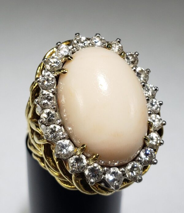 18k Two Tone Yellow & White Gold Large Angel Skin Coral Diamond Cocktail Ring - Image 6