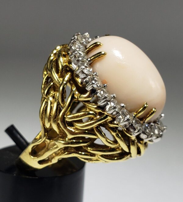 18k Two Tone Yellow & White Gold Large Angel Skin Coral Diamond Cocktail Ring - Image 7