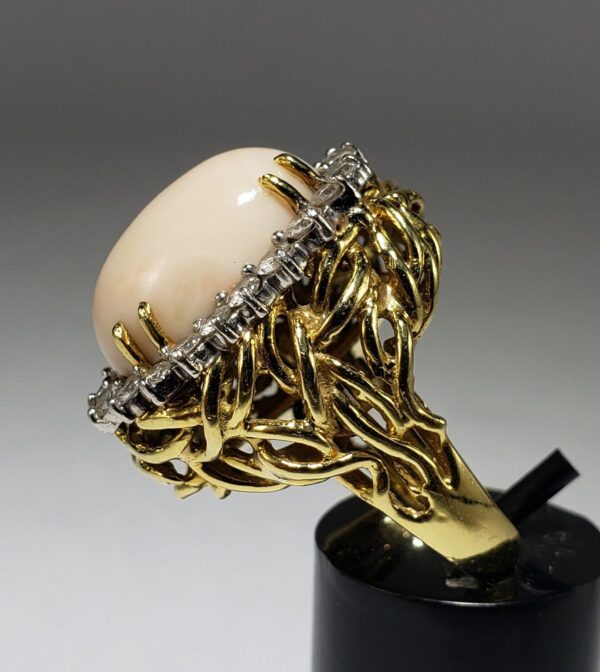 18k Two Tone Yellow & White Gold Large Angel Skin Coral Diamond Cocktail Ring - Image 8
