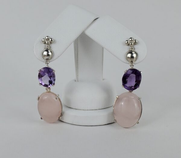 Lorberfeld 925 Sterling Silver Amethyst Rose Quartz Hanging Stud Earrings 2'' - Image 3