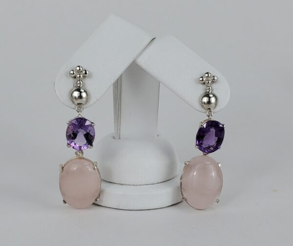 Lorberfeld 925 Sterling Silver Amethyst Rose Quartz Hanging Stud Earrings 2'' - Image 4