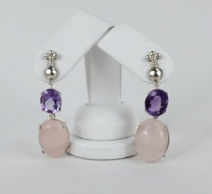Lorberfeld 925 Sterling Silver Amethyst Rose Quartz Hanging Stud Earrings 2''