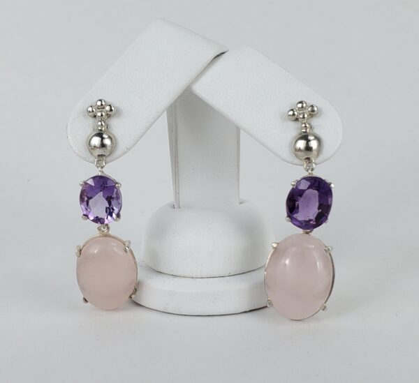 Lorberfeld 925 Sterling Silver Amethyst Rose Quartz Hanging Stud Earrings 2''