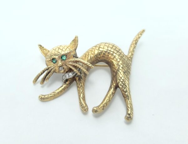 14k Multi-Tone Gold Large Diamond Emerald Vintage Cat Pin 1 3/4'' - Image 3
