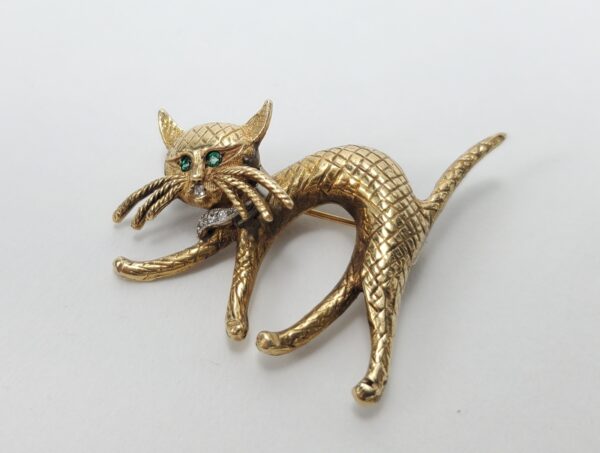 14k Multi-Tone Gold Large Diamond Emerald Vintage Cat Pin 1 3/4'' - Image 4