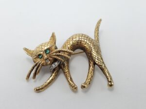 14k Multi-Tone Gold Large Diamond Emerald Vintage Cat Pin 1 3/4''