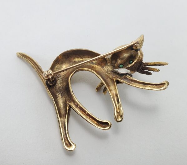 14k Multi-Tone Gold Large Diamond Emerald Vintage Cat Pin 1 3/4'' - Image 5