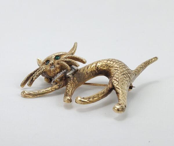 14k Multi-Tone Gold Large Diamond Emerald Vintage Cat Pin 1 3/4'' - Image 6