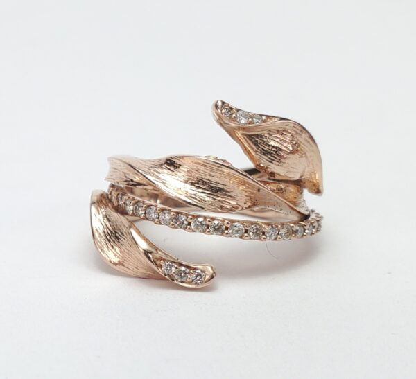 14k Rose Gold .38ctw Diamond Textured Leaf Roman Style Band Ring 6.75'' - Image 11