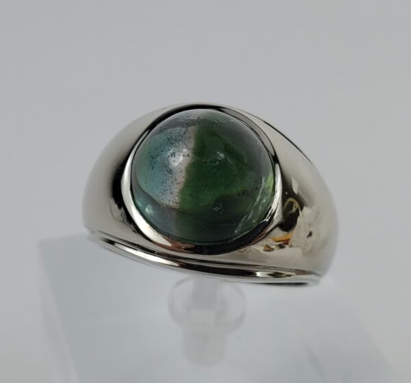 14k White Gold 10ctw Green Tourmaline Cabochon Mens Ring 10.75'' - Image 3