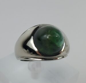 14k White Gold 10ctw Green Tourmaline Cabochon Mens Ring 10.75''
