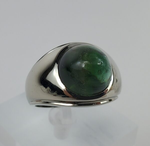 14k White Gold 10ctw Green Tourmaline Cabochon Mens Ring 10.75''