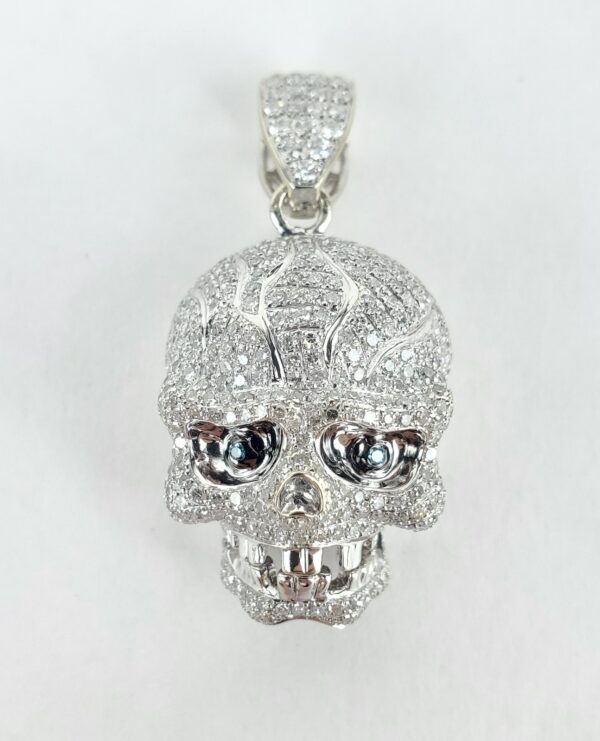 14k White Gold 2.40ctw Pave Diamond 3D Skull Cluster Drop Dangle Pendant - Image 3
