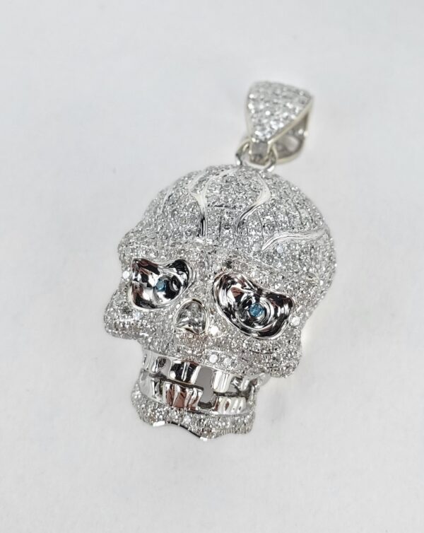 14k White Gold 2.40ctw Pave Diamond 3D Skull Cluster Drop Dangle Pendant
