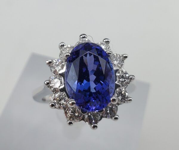 14k White Gold 4.94ct Tanzanite Diamond Halo Cocktail Dinner Ring 6.75''