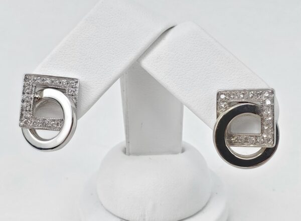 14k White Gold .60ctw Natural Diamond Interlocking Square Circle Art Earrings - Image 4