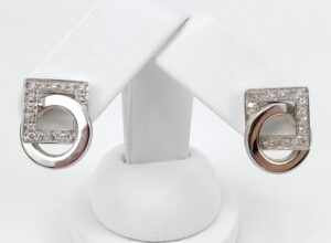 14k White Gold .60ctw Natural Diamond Interlocking Square Circle Art Earrings