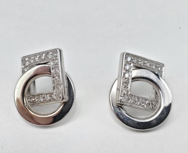 14k White Gold .60ctw Natural Diamond Interlocking Square Circle Art Earrings - Image 6