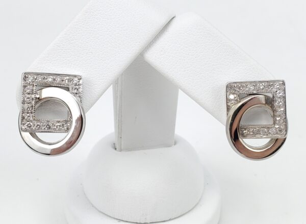 14k White Gold .60ctw Natural Diamond Interlocking Square Circle Art Earrings