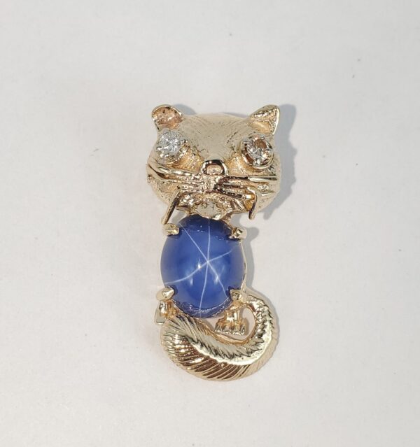 14k Yellow Gold 4.09ctw Lab Grown Blue Star Sapphire Diamond Cat Drop Pendant - Image 3