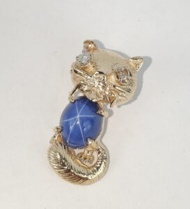 14k Yellow Gold 4.09ctw Lab Grown Blue Star Sapphire Diamond Cat Drop Pendant