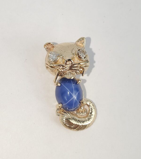 14k Yellow Gold 4.09ctw Lab Grown Blue Star Sapphire Diamond Cat Drop Pendant - Image 4