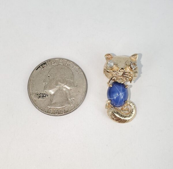 14k Yellow Gold 4.09ctw Lab Grown Blue Star Sapphire Diamond Cat Drop Pendant - Image 7