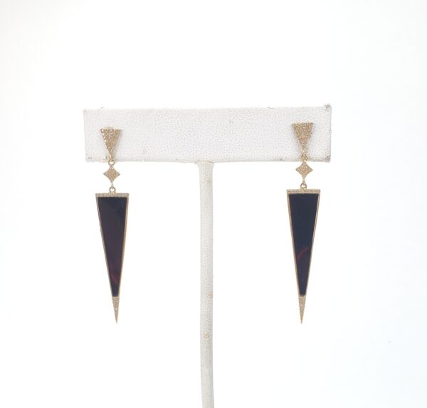 14k Yellow Gold Black Onyx Diamond Dangle Dangling Stiletto Earrings 2 1/8'' - Image 3
