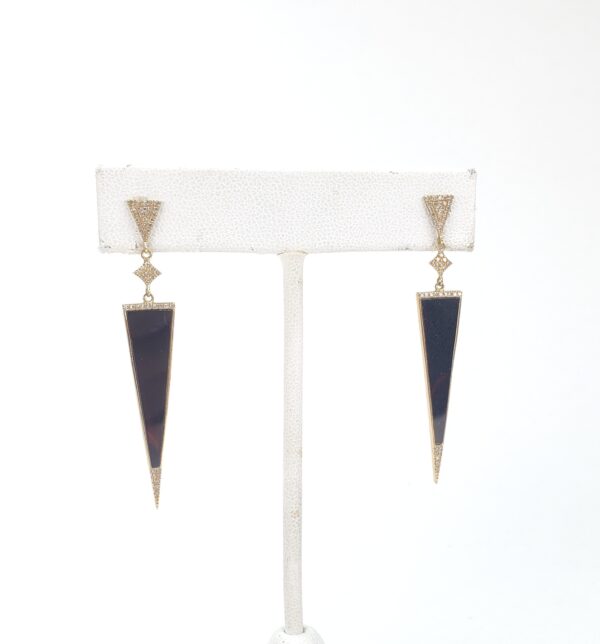 14k Yellow Gold Black Onyx Diamond Dangle Dangling Stiletto Earrings 2 1/8'' - Image 4