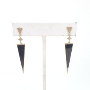 14k Yellow Gold Black Onyx Diamond Dangle Dangling Stiletto Earrings 2 1/8''