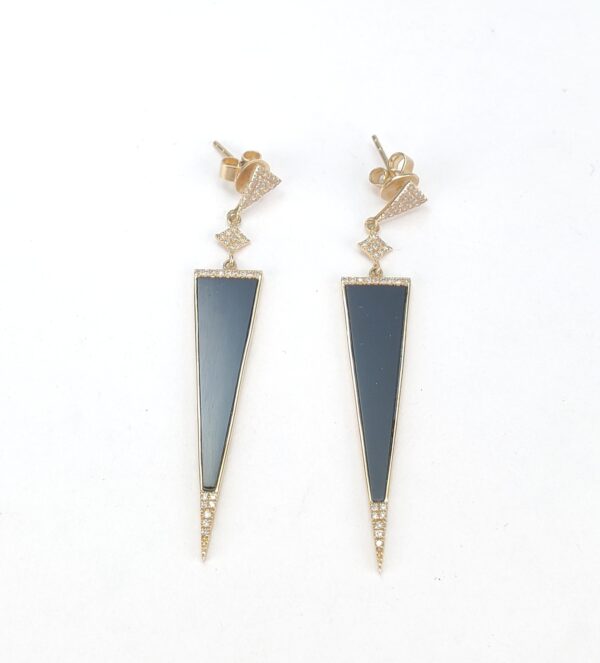 14k Yellow Gold Black Onyx Diamond Dangle Dangling Stiletto Earrings 2 1/8'' - Image 5