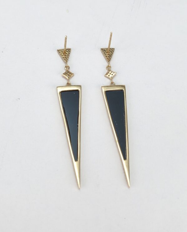 14k Yellow Gold Black Onyx Diamond Dangle Dangling Stiletto Earrings 2 1/8'' - Image 6