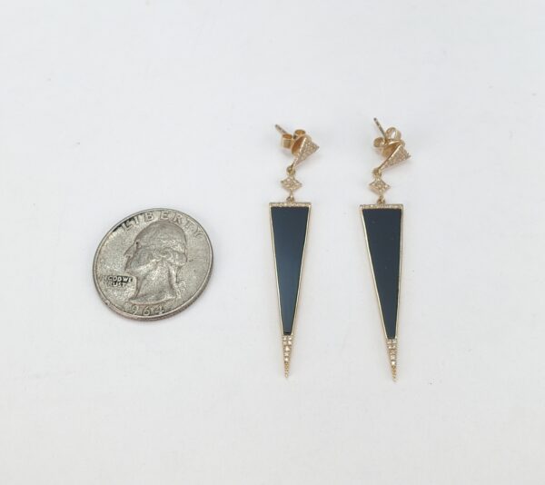 14k Yellow Gold Black Onyx Diamond Dangle Dangling Stiletto Earrings 2 1/8'' - Image 7
