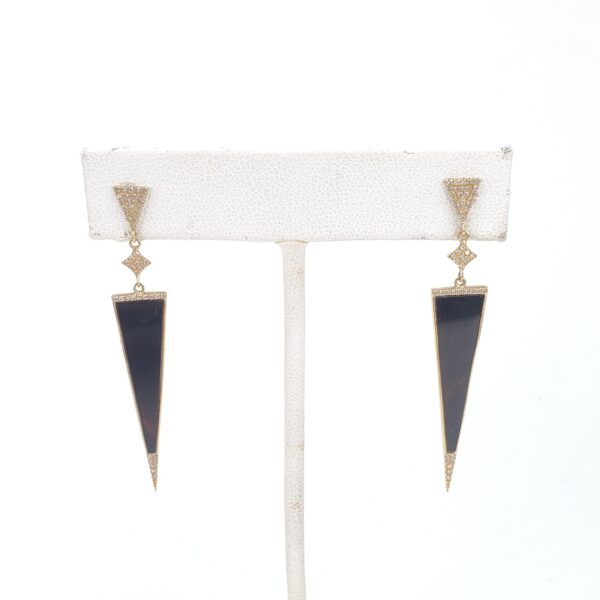14k Yellow Gold Black Onyx Diamond Dangle Dangling Stiletto Earrings 2 1/8''