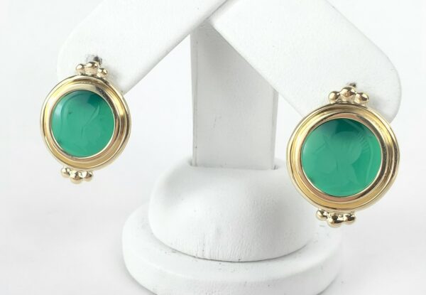 14k Yellow Gold Green Stone Intaglio Leverback Drop Earrings 7/8'' - Image 3